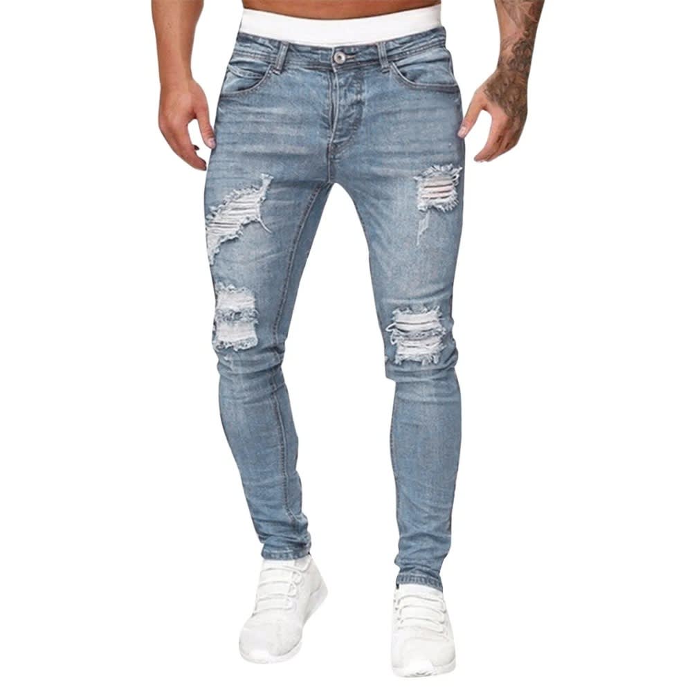 2024 Men's Fashion Street Style Ripped Skinny Jeans: Stretchy Destroyed Slim Fit Denim Pants